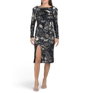 DRESS THE POPULATION Navy Multi Natalie Long Sleeve Sequin Dress